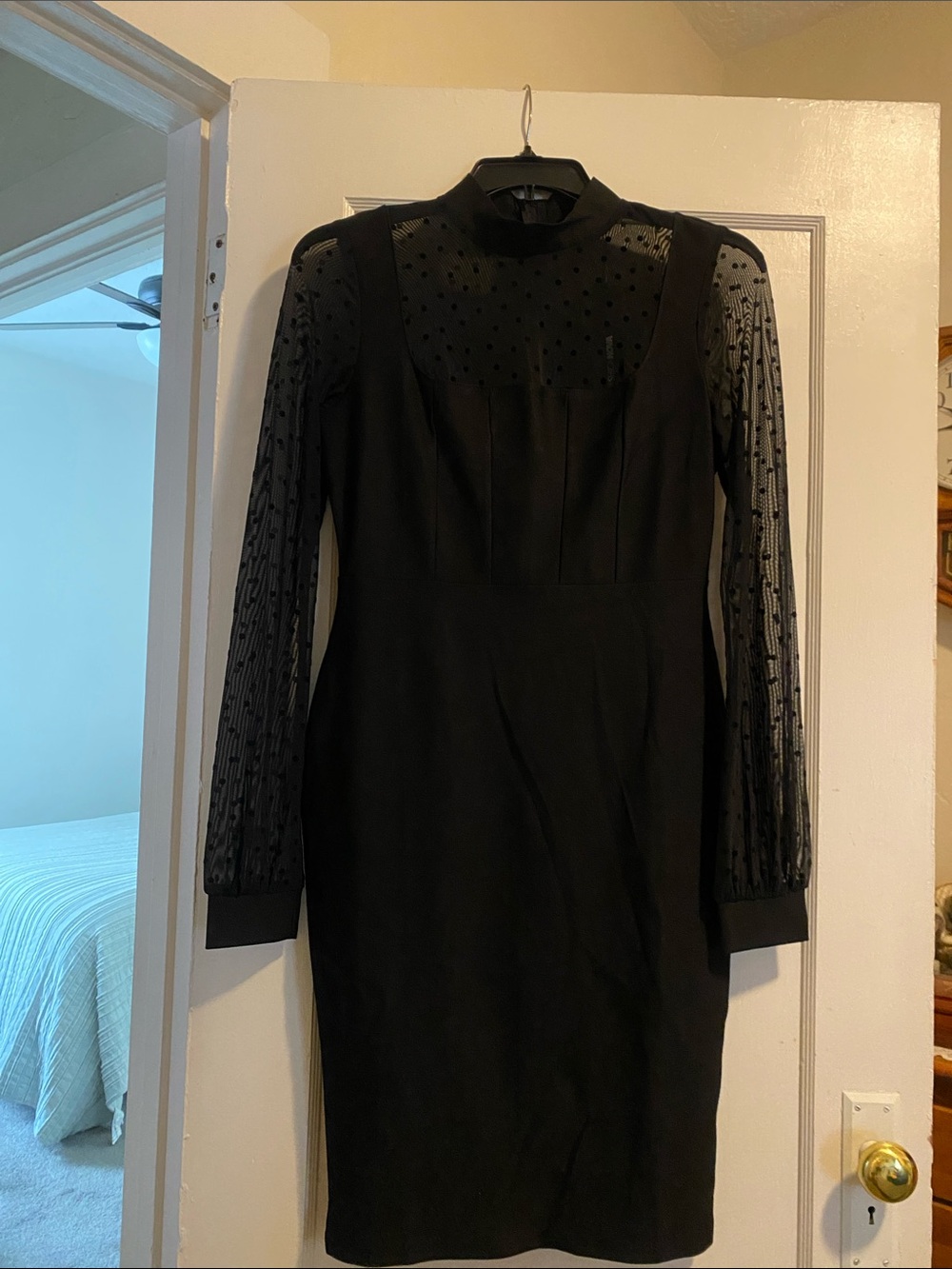 Fashion Nova Black Sheer-Dot Long Sleeve Midi Dress
